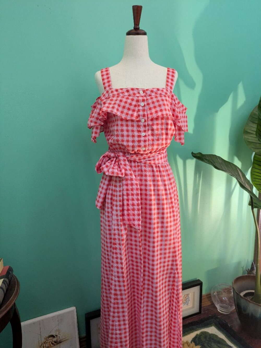 Draper James x Net-a-Porter Red & White Gingham Cold Shoulder Maxi Dress Size 4